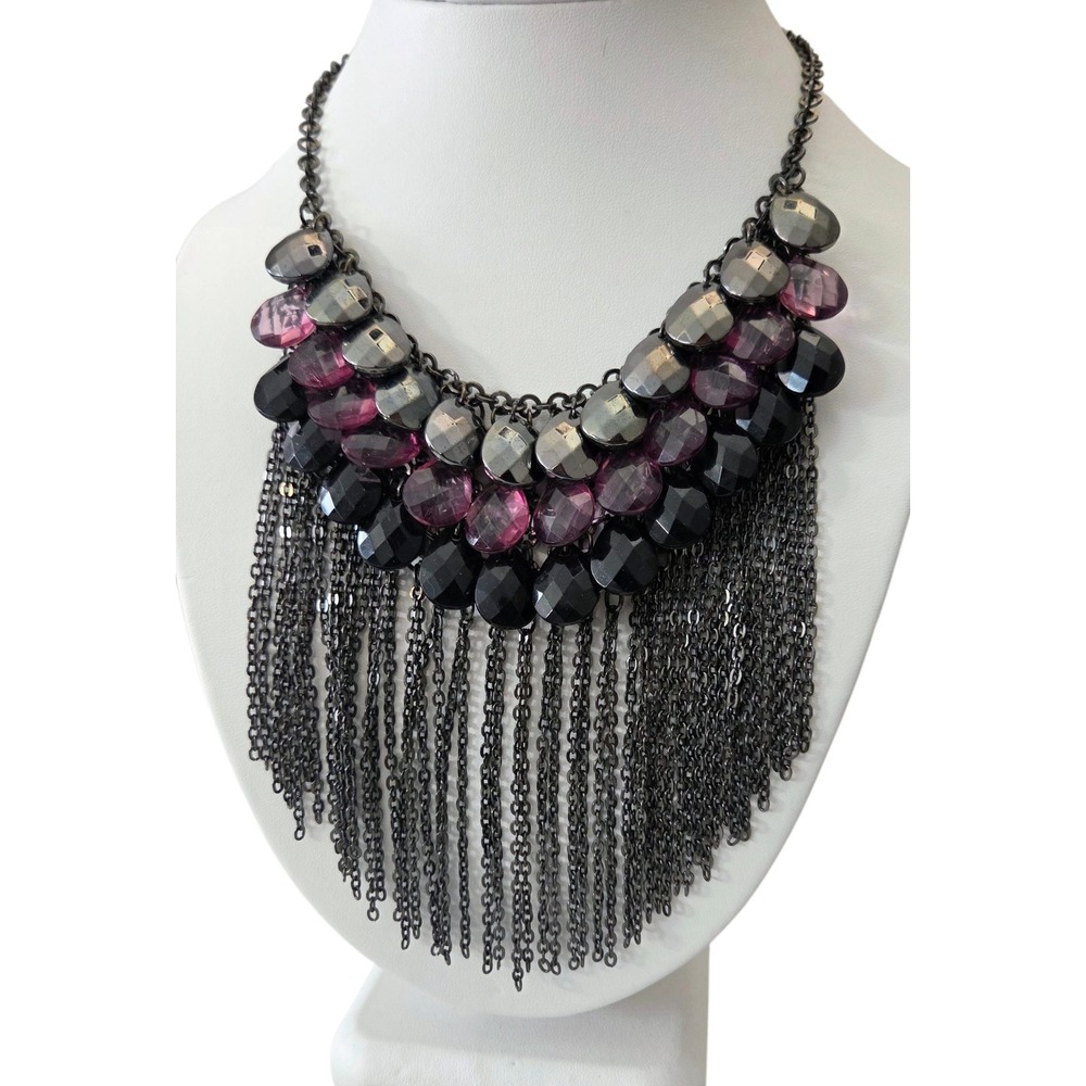 Faceted Beads Beaded Dangling Fringe‎ Mesh Adjustable Necklace Gunmetal Purple